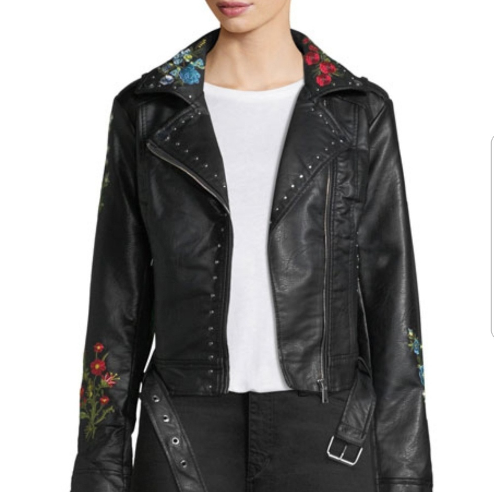 Black Floral Embroidered Moto Jacket w Hardware